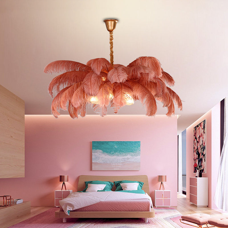 Lampadario da soffitto moderno nordico a 5 luci con piume di struzzo per camera da letto