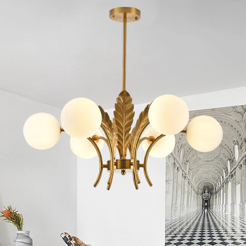 Lámpara de techo Sphere Simplicity, lámpara colgante LED de 6 bombillas de cristal blanco/rosa/coñac para salón con decoración de hojas
