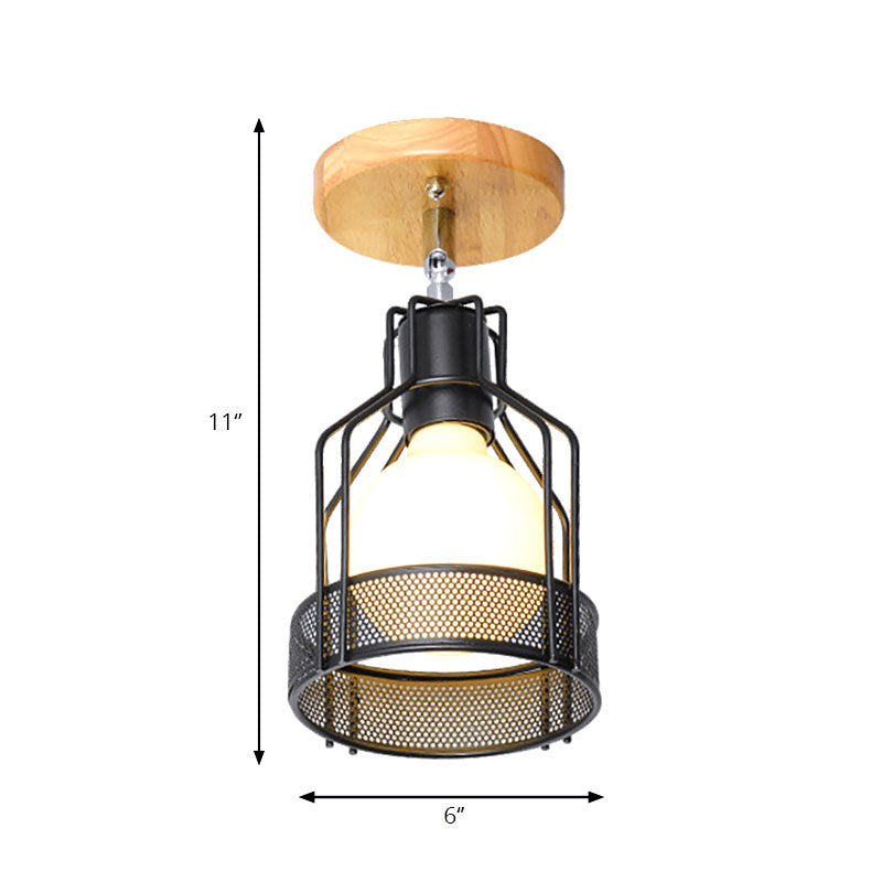 Industrial Loft Ceiling Fixture with Wire Cage and Rotatable Bulb - Black Metallic Semi-Flush Mount for 4