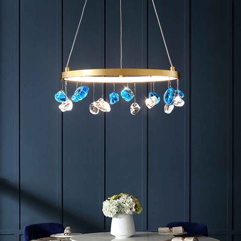 Gold LED Chandelier with Colored Gem Droplet - Mid Century Circle Pendant Lighting, 16