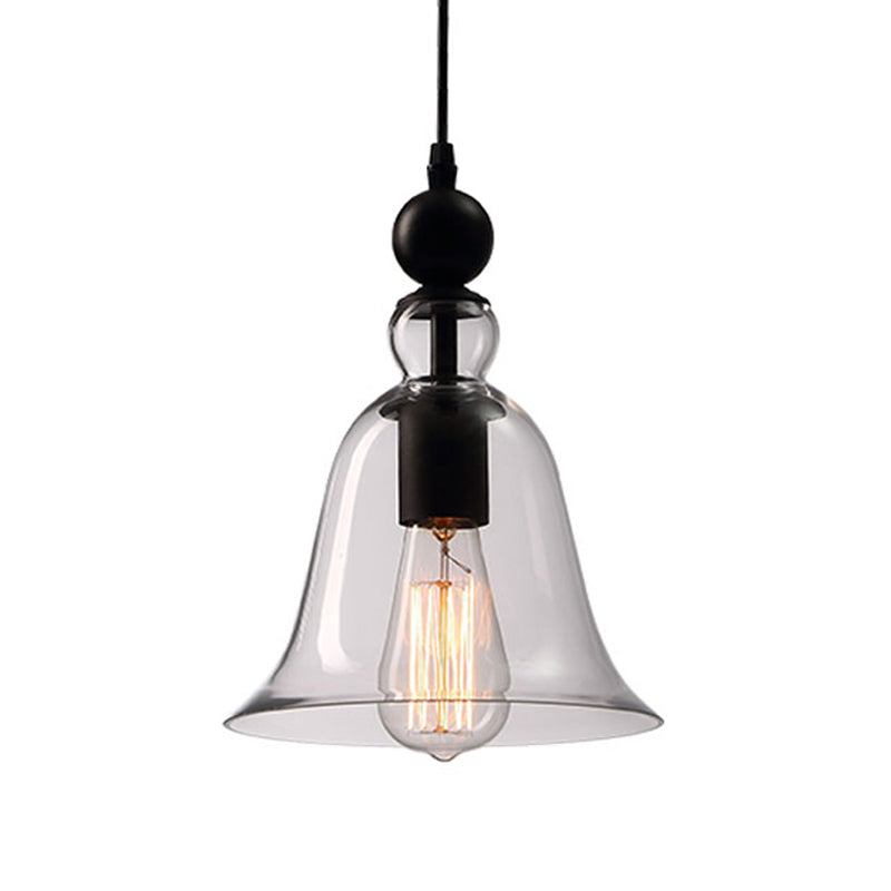 Lampada a sospensione a soffitto singolo nero Apparecchio di illuminazione a sospensione in vetro trasparente con campana rustica