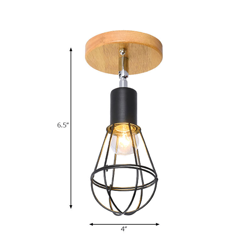 Industrial Loft Ceiling Fixture with Wire Cage and Rotatable Bulb - Black Metallic Semi-Flush Mount for 4