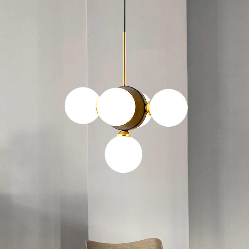 Mid Century 5-Light Restaurant Chandelier Pendant with White/Amber Glass - Elegant Burst Design