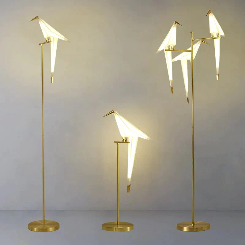 Lámpara de pie de pájaro nórdico, creativas lámparas de pie acrílicas de mil grullas de papel para sala de estar, dormitorio, decoración del hogar, lámpara de pie dorada