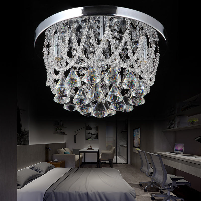 Modern Crystal Strand Ceiling Lamp - Dome Flush 3 Lights, 14