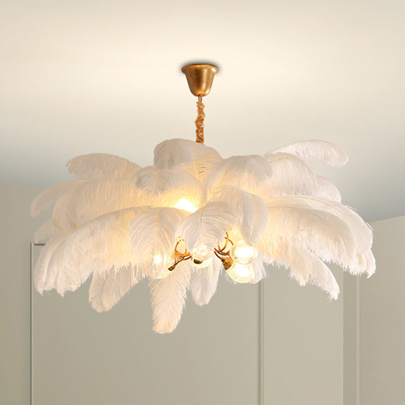 Lampadario da soffitto moderno nordico a 5 luci con piume di struzzo per camera da letto