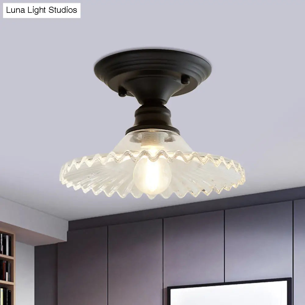 Semi-affleurant industriel festonné – Luminaire à une lumière en verre nervuré transparent/vert pour les espaces intérieurs