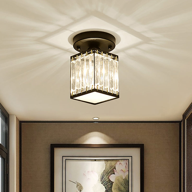 Plafonnier élégant en cristal semi-encastré pour foyer – Forme ronde/carrée, petite taille, 1 ampoule, accent noir/or