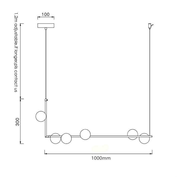 Luminaire suspendu linéaire noir minimaliste moderne à 6 lumières avec abat-jour en verre sphérique pour le salon.