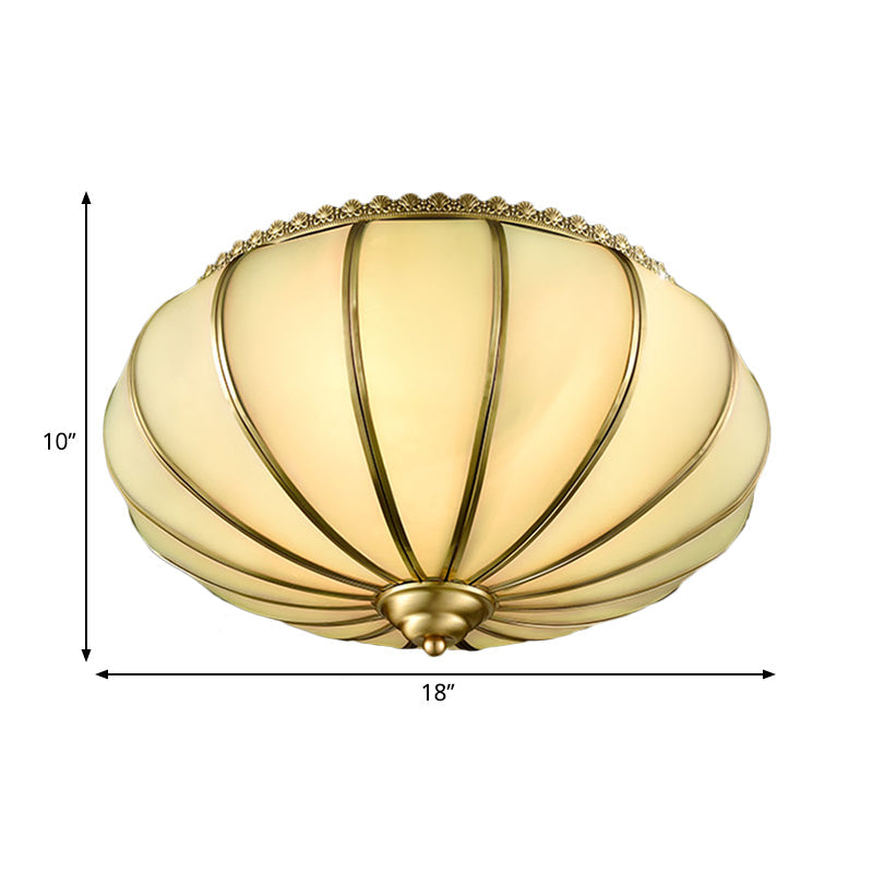 Retro White Glass Sphere Flush Mount Ceiling Light Fixture - 3 Brass Heads, Ideal for Bedroom - 14