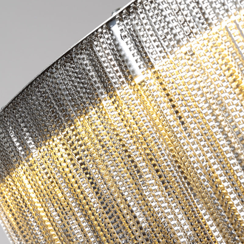Lámpara colgante de cadena con borlas plateadas, lámpara de techo de metal modernista en forma redonda