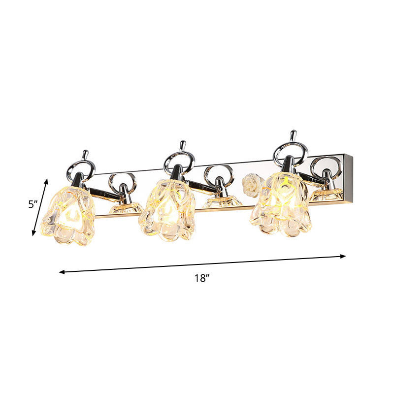 Lámpara de pared para tocador con pantalla de flores moderna, vidrio transparente, acabado plateado, 2/3 luces, ideal para baño, 12