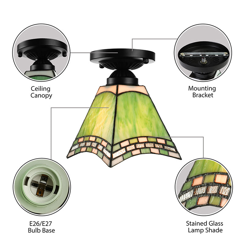 Plafonnier en verre d'art de style Tiffany - Luminaire encastré vert à 1 lumière pour bureaux et couloirs
