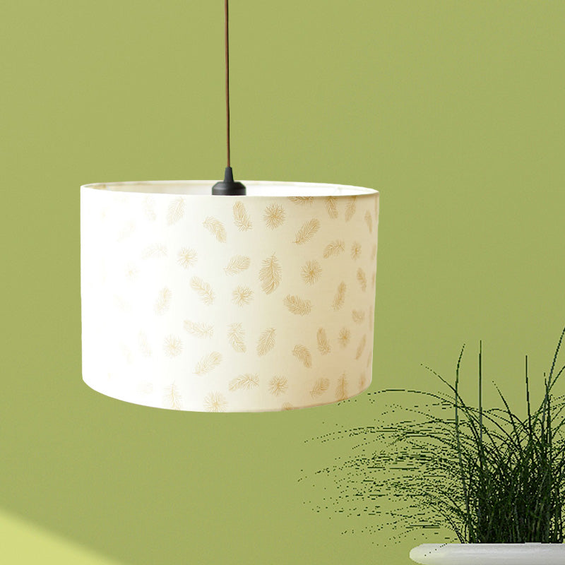 Luminaire suspendu tambour en tissu imprimé nordique – 1 lumière, éclairage à suspension blanc avec motif plume/oiseau/arbre