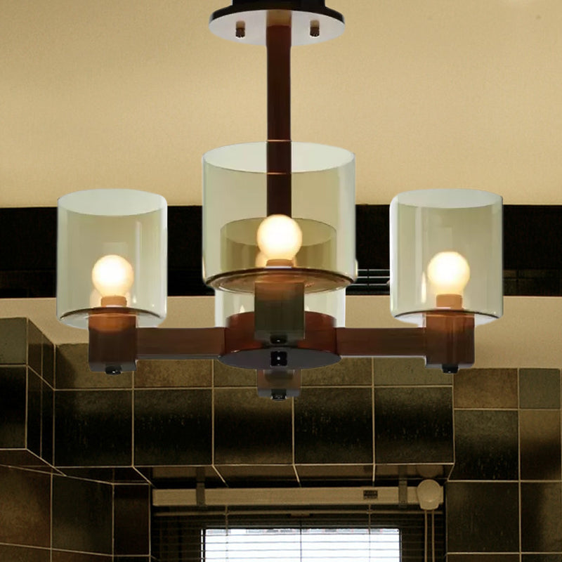 Industrial Wood Cylinder Chandelier with Radial Design - 4/6/8 Lights, Amber Glass Hanging Pendant Lamp