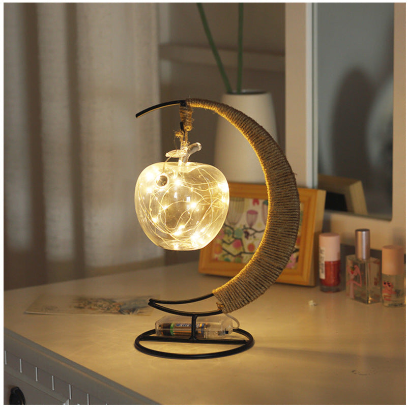 Lampe de table lune et boule en corde de chanvre - Veilleuse LED artistique à piles en noir