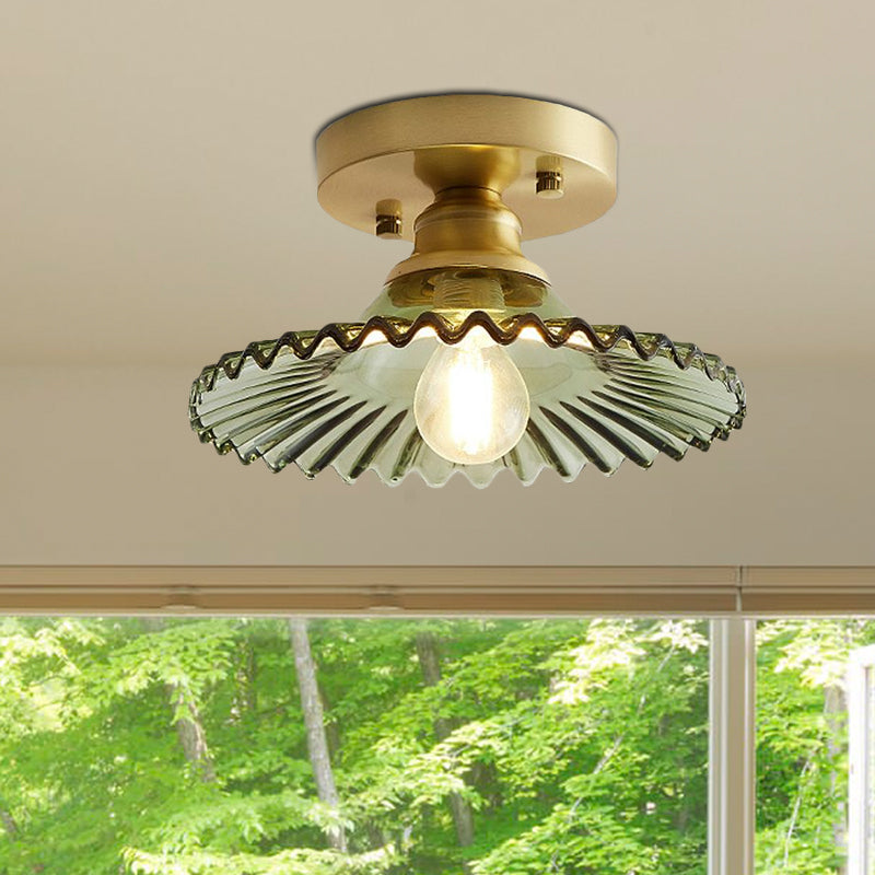 Support de plafond industriel semi-encastré : verre nervuré clair/vert évasé à 1 lumière pour le salon