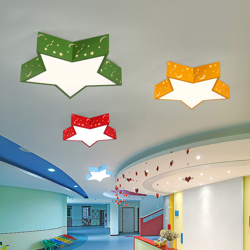 Kids Bedroom Metallic Star Flush Ceiling Light in Macaron Red, Green, and Pink - LED Flushmount Lighting, 18