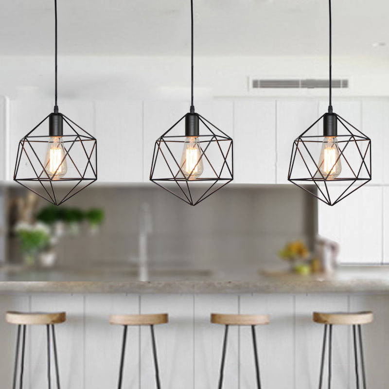 Lampe suspendue à cage géométrique à 1 lumière, lampe suspendue industrielle en métal noir/or pour îlot de cuisine