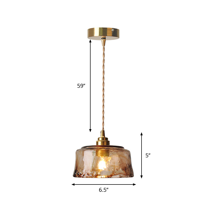 Lámpara colgante de comedor rústica con pantalla redonda de cristal de alabastro ámbar, 1 luz, latón