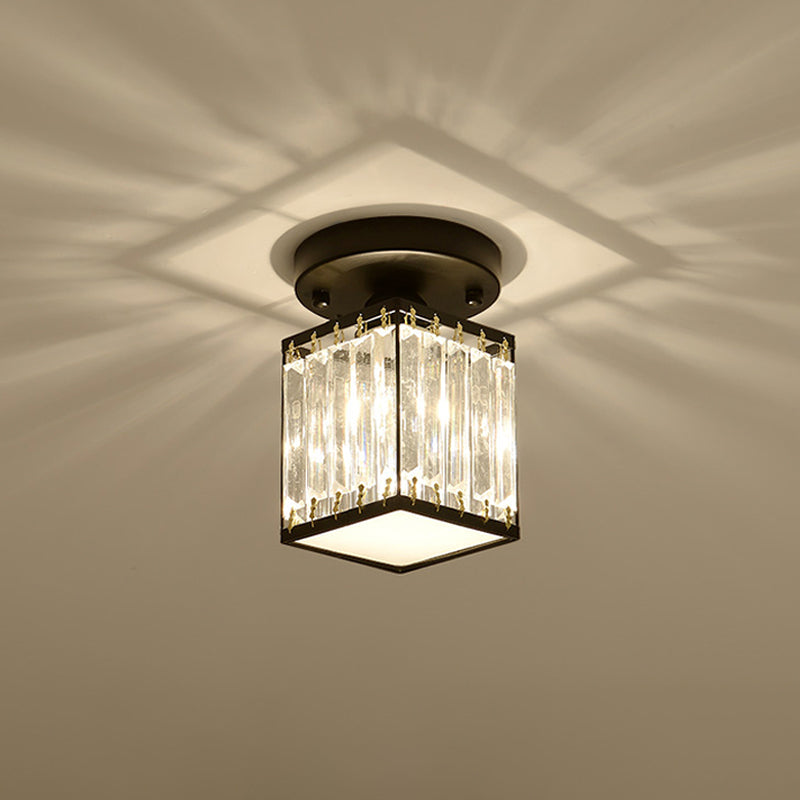 Plafonnier élégant en cristal semi-encastré pour foyer – Forme ronde/carrée, petite taille, 1 ampoule, accent noir/or