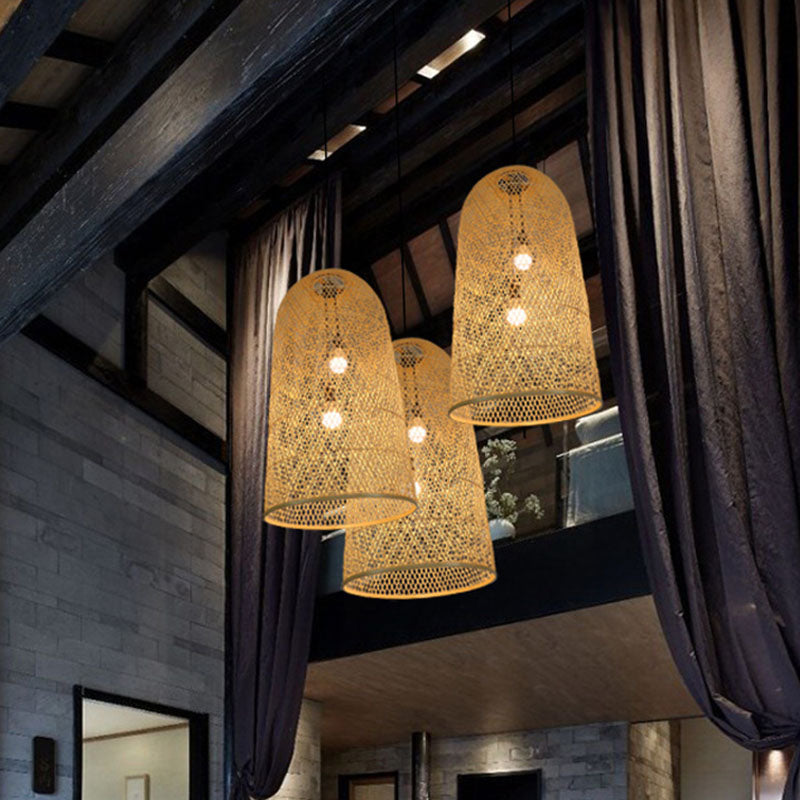 Lámpara colgante alargada de bambú, lámpara colgante de madera asiática de 2 luces para sala de estar