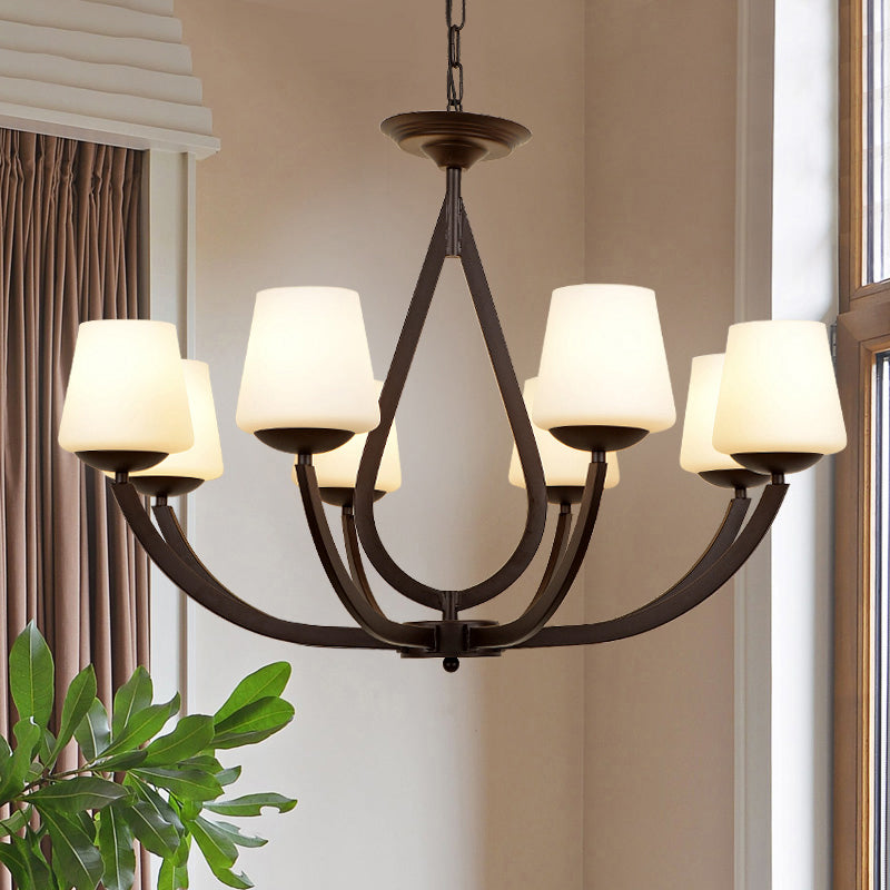 Vintage Pendant Light with Milk Glass Shade - Metal Black Finish Chandelier Swoop Arm
