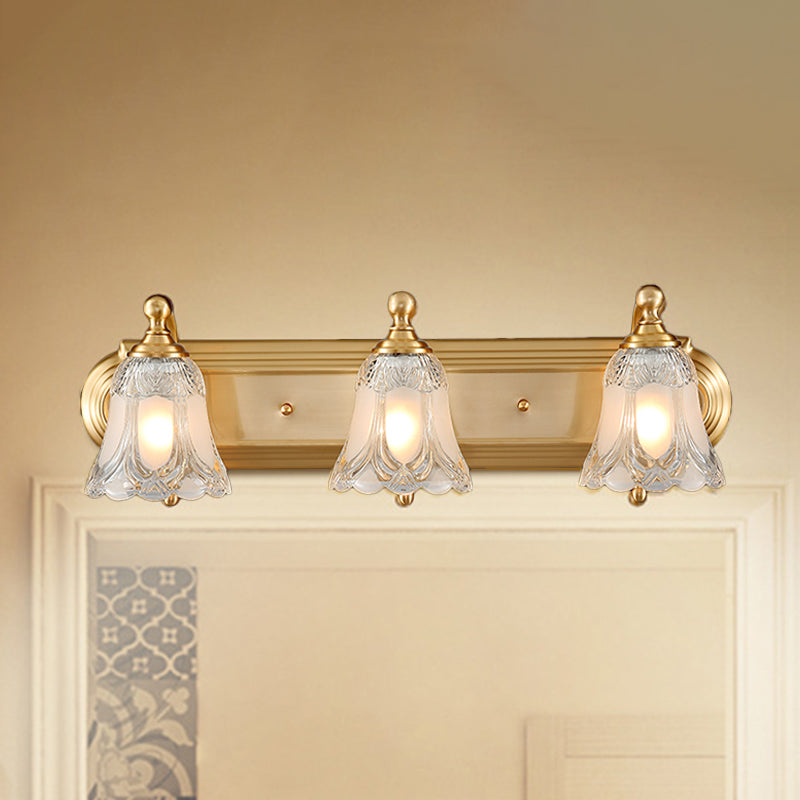 Aplique de tocador estilo vintage con pantalla de vidrio transparente, iluminación de pared dorada para baño - 2/3 opciones de bombilla - 18 pulgadas/24 pulgadas de ancho
