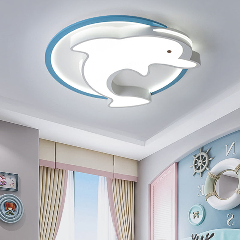 Kids LED Blue Dolphin Ceiling Light Fixture with Warm/White Light, Acrylic Shade, Flush Mount, 18