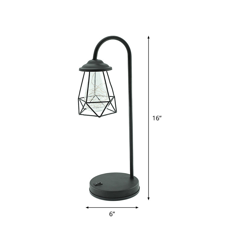Zwart metalen LED-zwanenhals-tafellamp met draadkooi in retrostijl