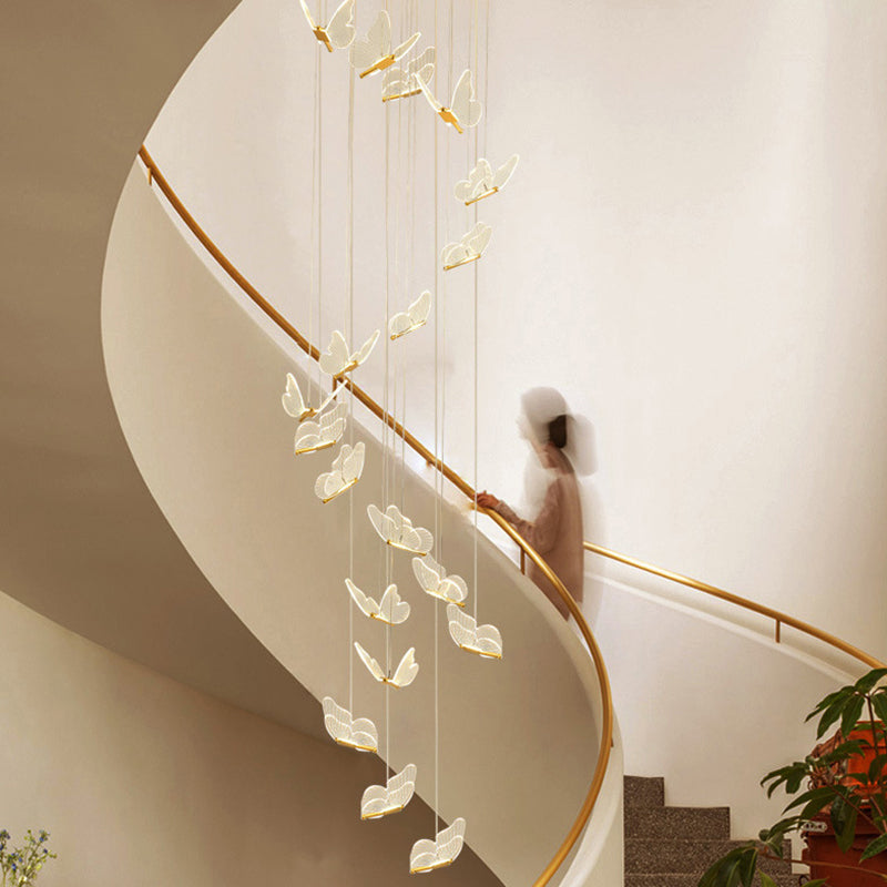 Schmetterlings-Wendeltreppen-Deckenbeleuchtung, Acryl, moderne LED-Mehrlicht-Pendelleuchte in Gold
