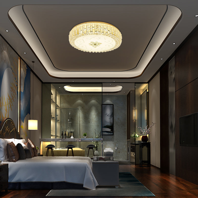 Golden Drum Flushmount Lighting: Modern Crystal and Glass Multi Light Ceiling Lamp (16