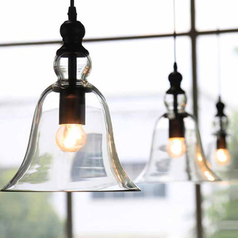 Lampada a sospensione a soffitto singolo nero Apparecchio di illuminazione a sospensione in vetro trasparente con campana rustica