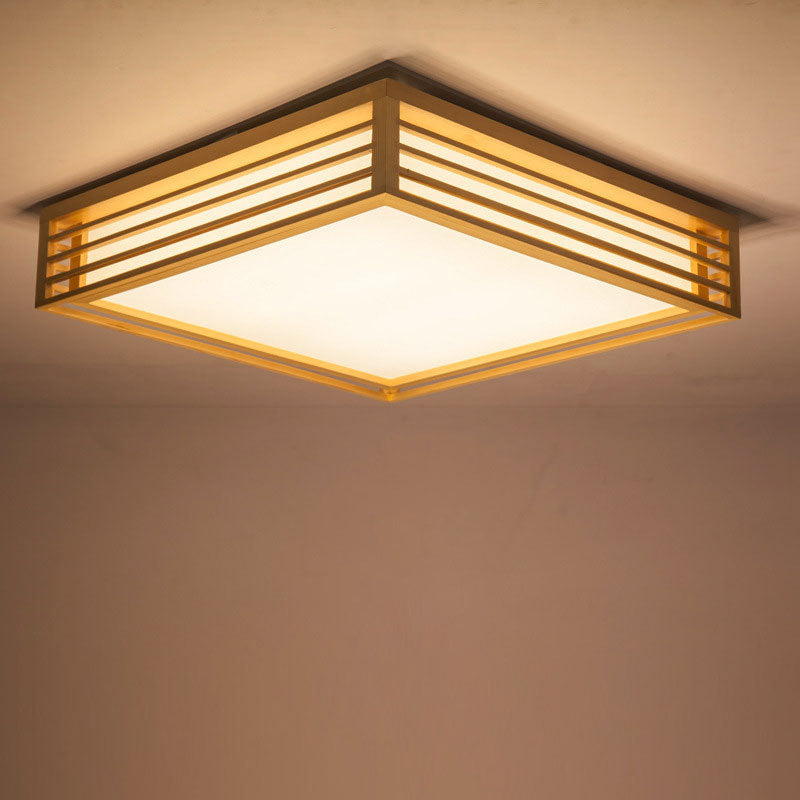 Square Acrylic Flush Ceiling Light - Asian Beige LED Fixture in Warm/White Light with Wood Frame, 14