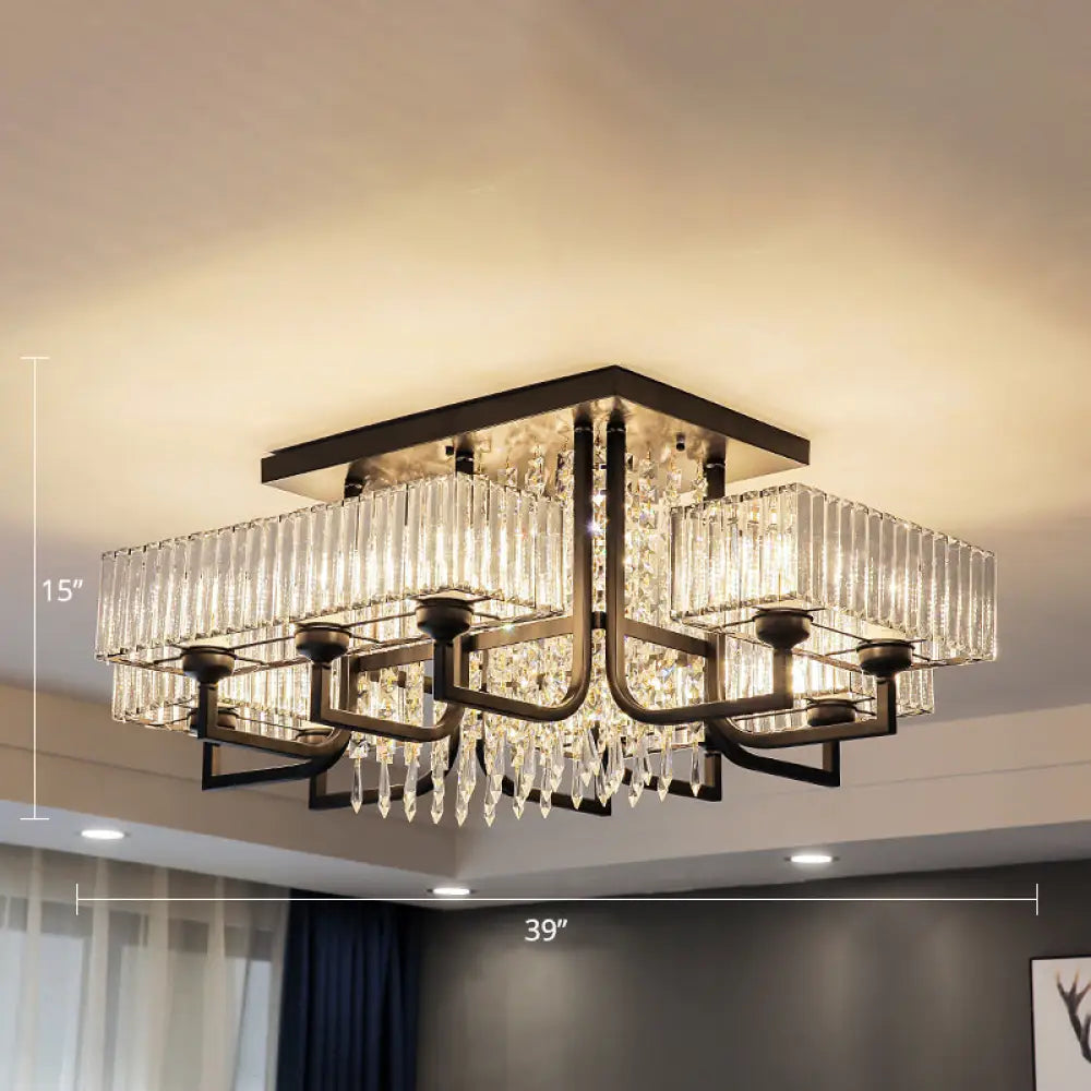 Lámpara de techo semiempotrada negra con cristal prismático para sala de estar - Lámpara de techo rectangular contemporánea