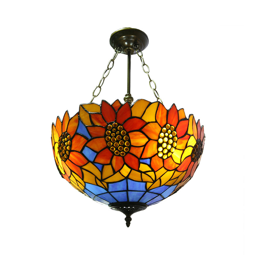 Sunflower Stained Glass Ceiling Light - Rustic Tiffany Style in Orange - 12