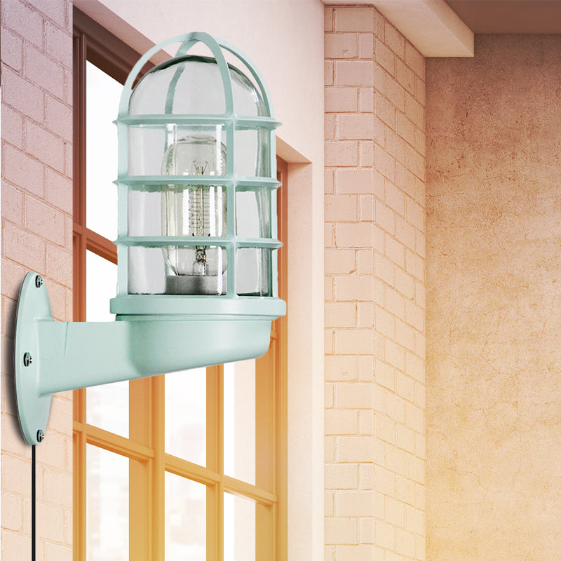 Green Clear Glass Industrial Bathroom Sconce Lighting: Wall-Mounted Plug-In Corded Fixture with Caged Shade