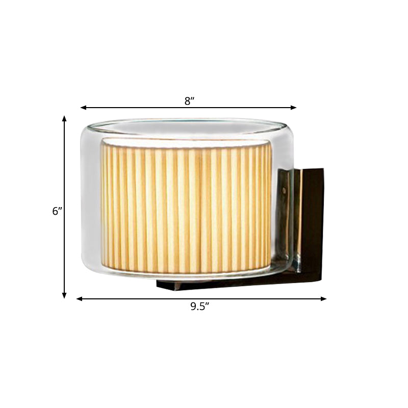 Modern Beige Drum Wall Lamp with Pleated Fabric Shade and Transparent Glass Shade