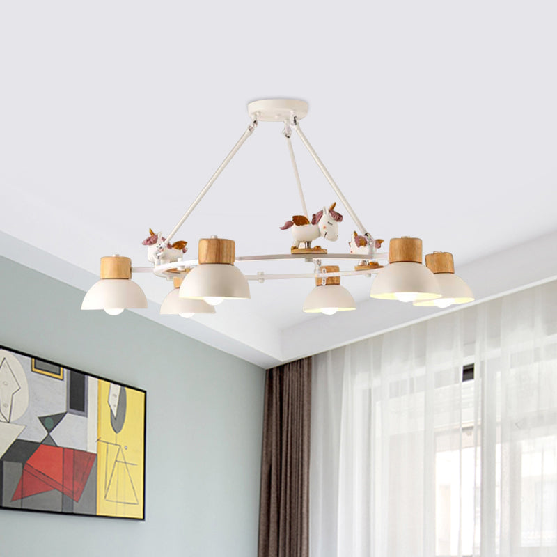 Lustre suspendu en forme de dôme pour enfants : éclairage à suspension en métal à 3/6 lumières avec décor de cerf/cheval en noir/blanc
