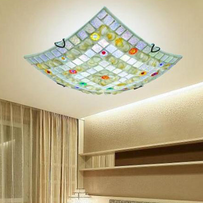 Tiffany Style Square Shell Flush Mount Ceiling Light with 3 Lights, White - Ideal for Kitchen (12