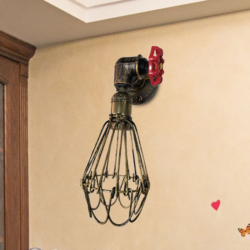 Vintage Metal Wall Lamp with Valve Deco - Conical Cage Sconce Light Fixture