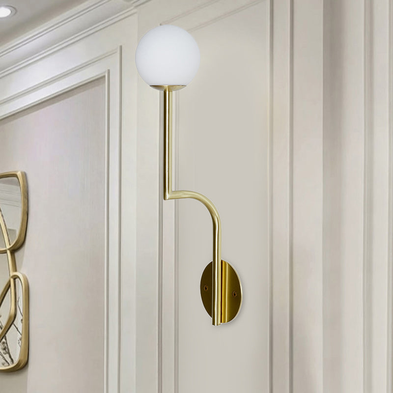 Minimalist Opal Glass Wall Sconce with Long Curved Arm - Single Bulb Lamp in Black/Gold
