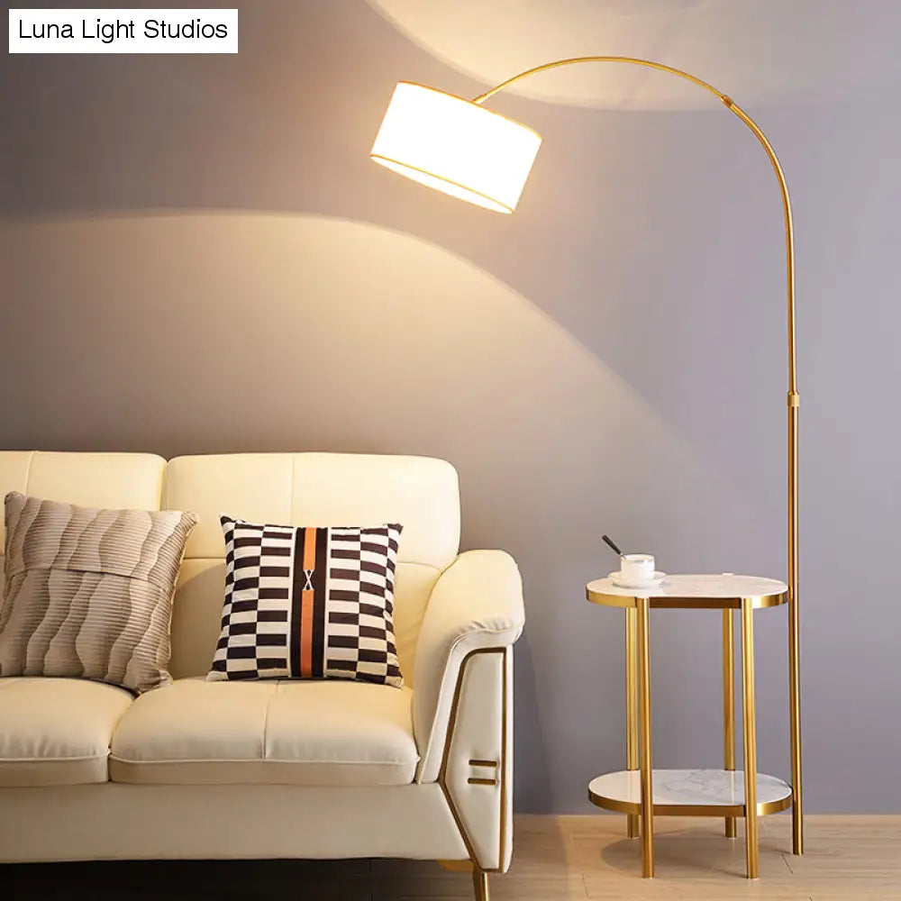 Modern Round Floor Lamp with Shelf - Simple Fabric Shade, Arched Design - Ideal for Living Room Lighting