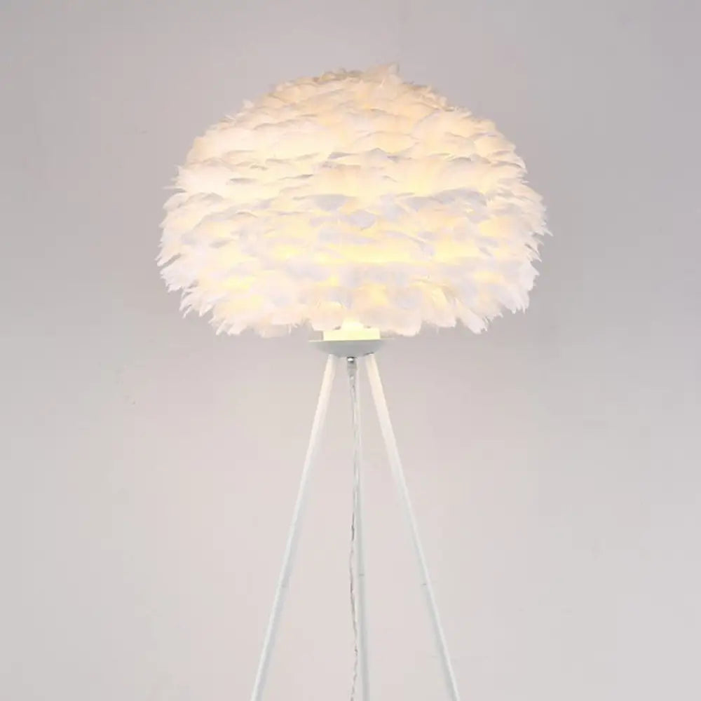 Minimalist Black-White Floor Lamp with Feather Dome Shade - 1-Light Living Room Stand Up Light