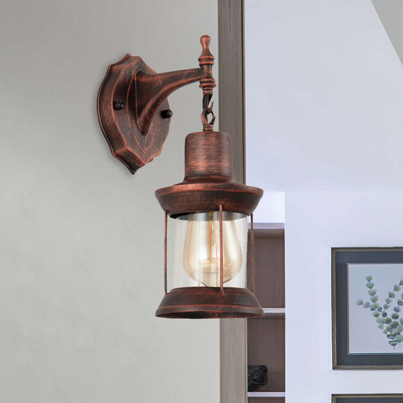 Antique Copper Glass Wall Mounted Lantern - Industrial Single Bulb Sconce Light for Bathroom