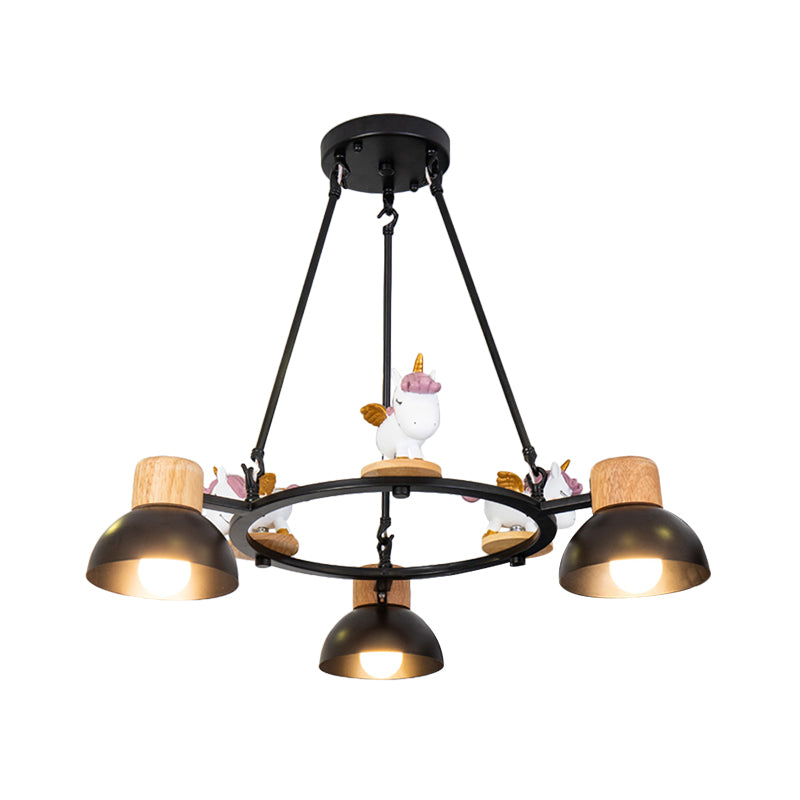 Lustre suspendu en forme de dôme pour enfants : éclairage à suspension en métal à 3/6 lumières avec décor de cerf/cheval en noir/blanc
