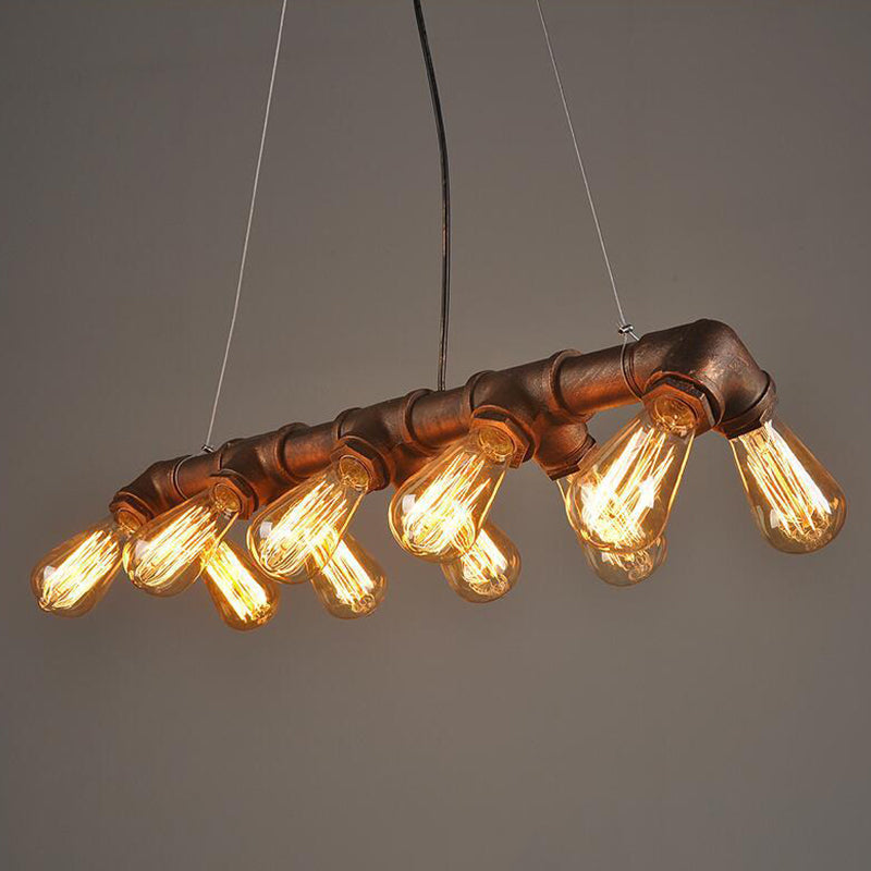 Copper and Black Industrial Kitchen Island Pendant Light with Symmetric Piping and 10 Bulbs