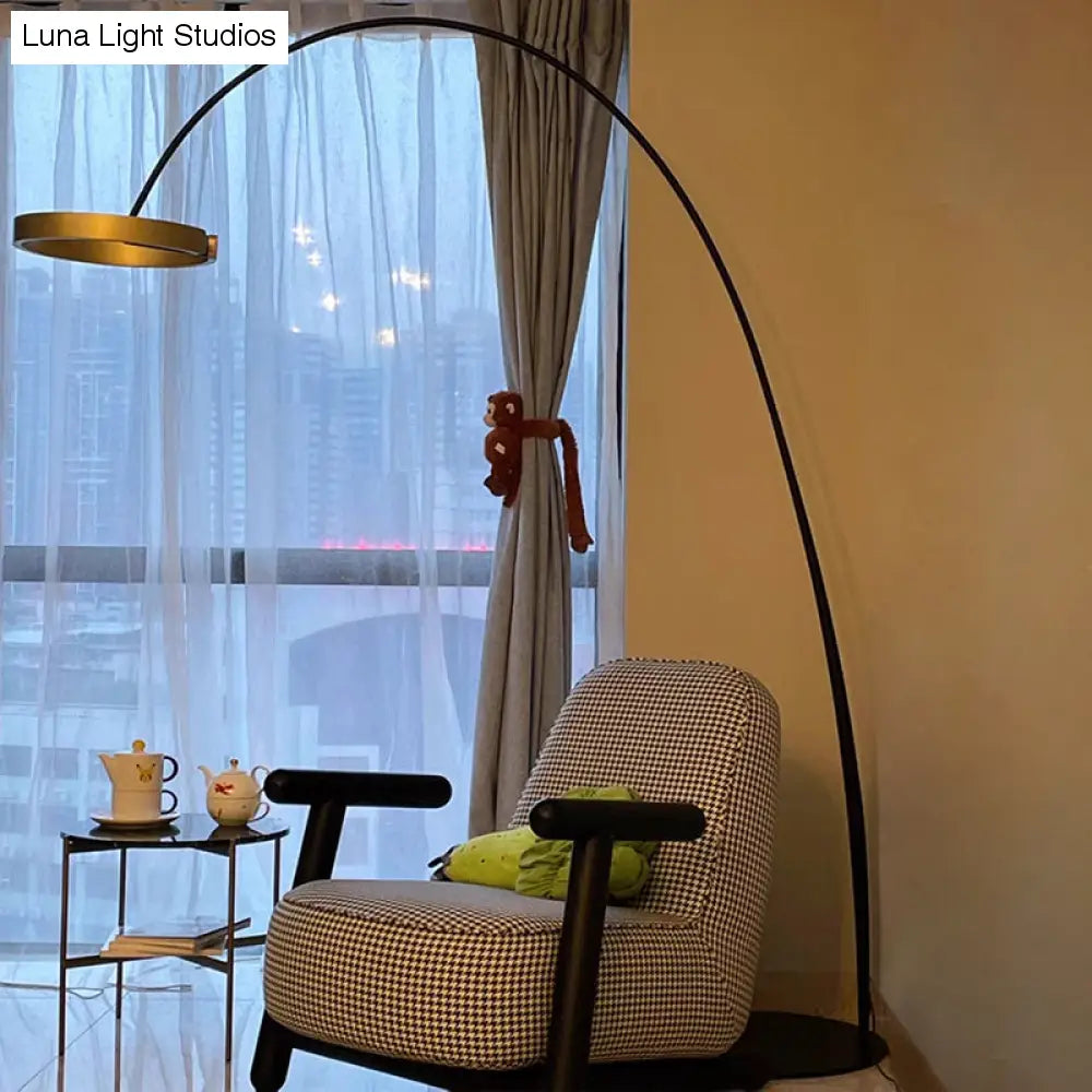 Minimalist Metal LED Floor Lamp with Rotatable Gold Loop and Fishing Rod Pole