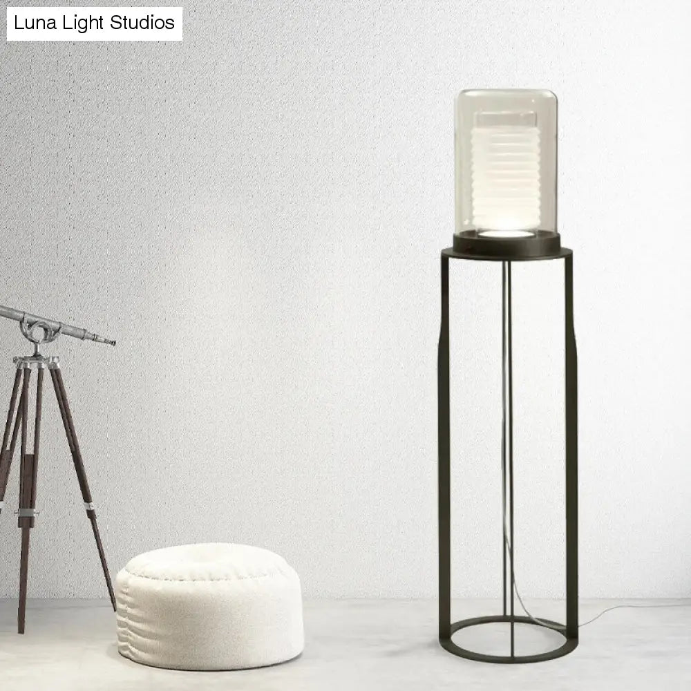Stylish LED Floor Lamp - Black Dual Cylinder Stand with Glass Shade - Perfect for Living Room