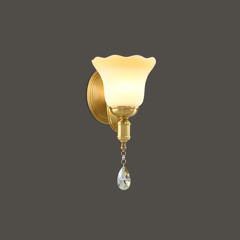 Retro Style 1/2-Head Gold Wall Lamp with Crystal Drop - Blossom Opaque Glass Wall Lighting